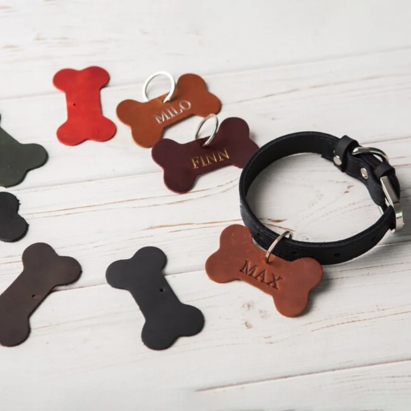 Custom Logo Dog Collar Tag Key Ring Cat Dog Name Tag Genuine Leather Bone Shape Dog Tag