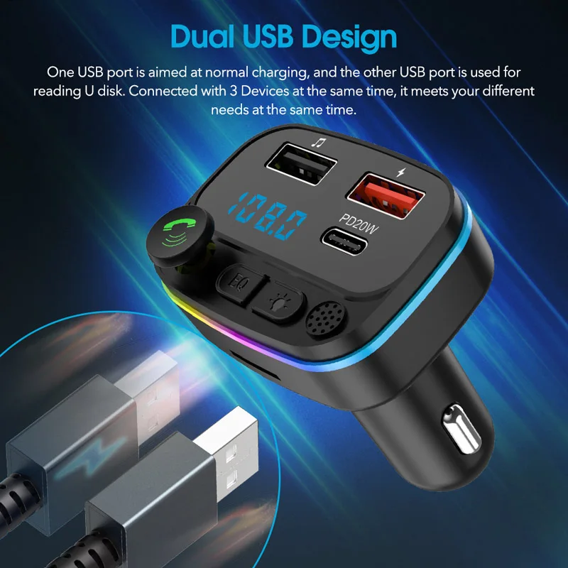 Colorful Light 2 Usb Type C PD 20W Fast Charging FM Modulator Handsfree Car Kit FM Transmitter Wireless Car Mp3 Player