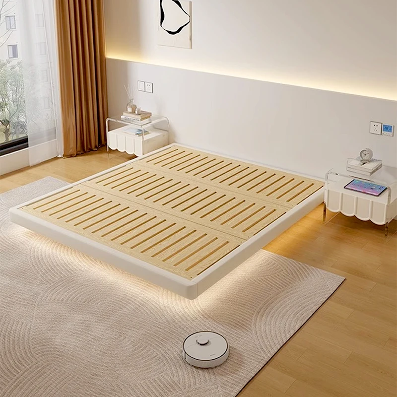 No headboard floating bed Modern simple small flat with edge double bed cream style master bedroom hanging leather bed wedding b