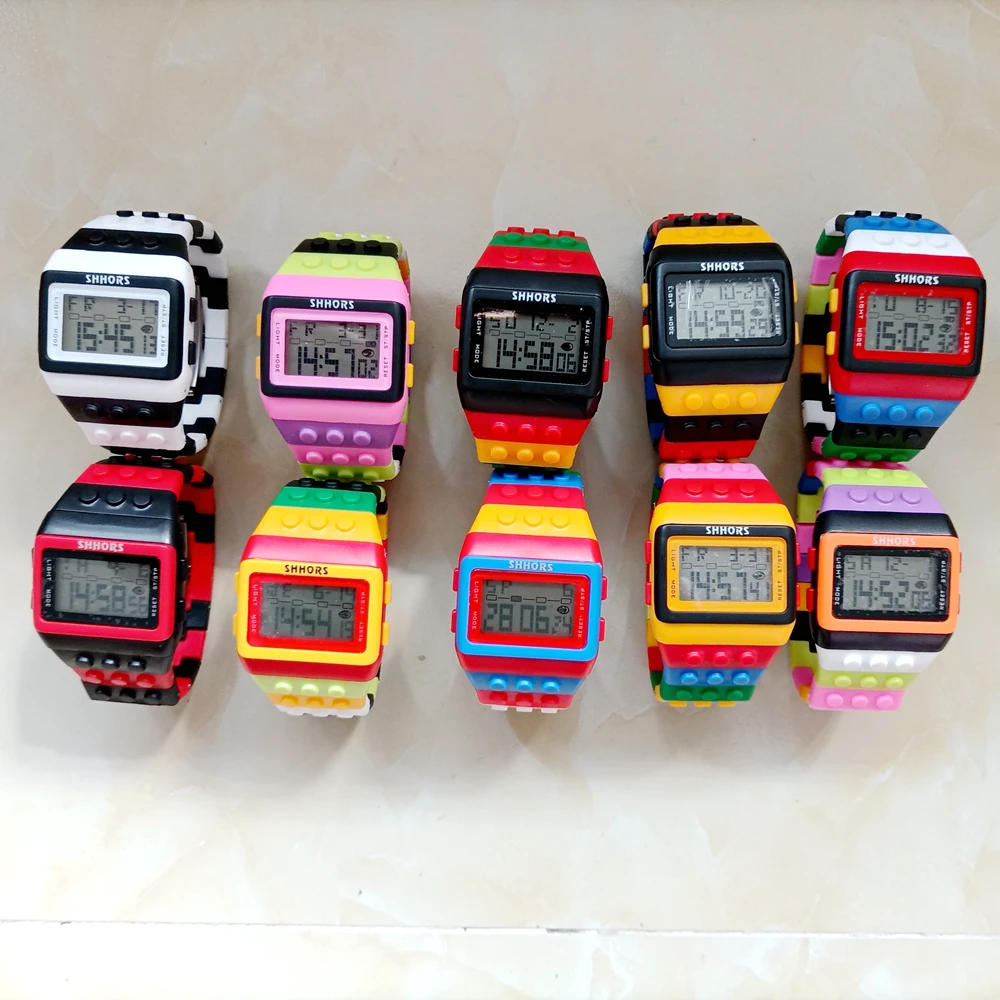 Unisex Rainbow Mens Women Plastic Big Digital Watch Multi-Function Light Up Students Waterproof Alarm DIY Bracelet Watches Clock