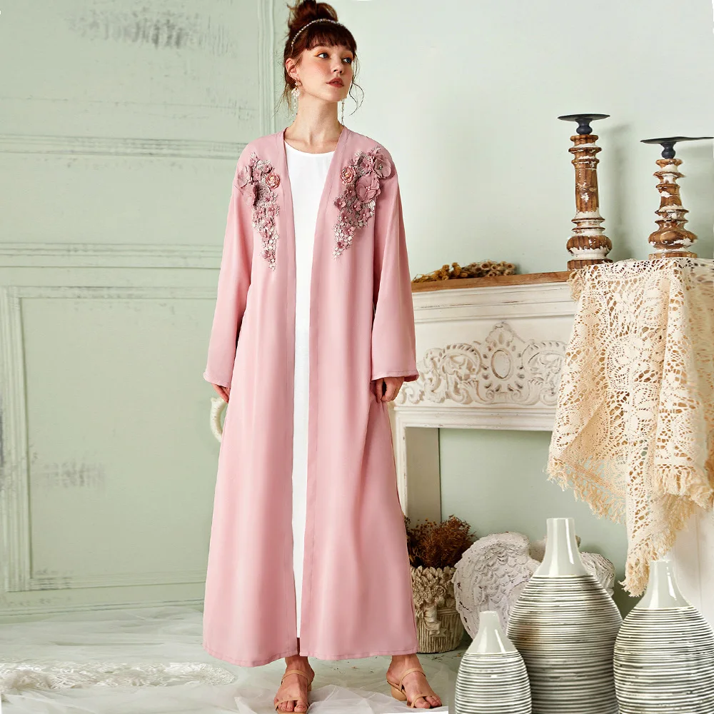 Mid East New Design Diamond Open Kimono Abaya For Muslim Girls Caftan Belt Long Sleeve Handmade 3d Floral Maxi Islamic Abaya