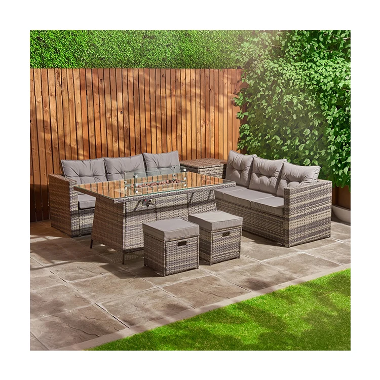 AJUNION 8 Seater Rattan Garden Furniture Set Sectional Sofa set Garden Set with Fire Pit Table
