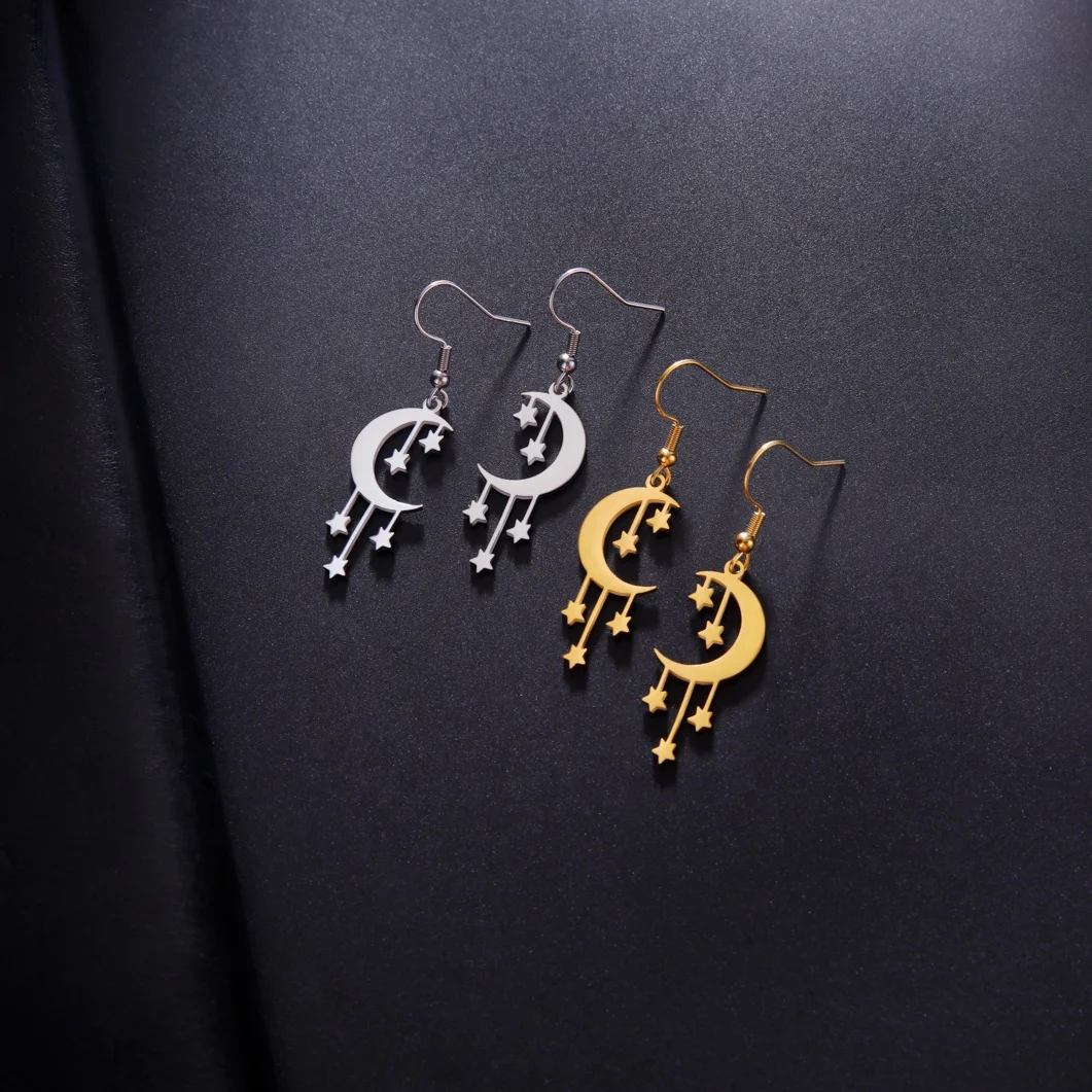 Crescent Moon Stars Drop Earrings Stainless Steel Gold Color Dangle Earrings Bohemian Jewelry Gift for Women Girls