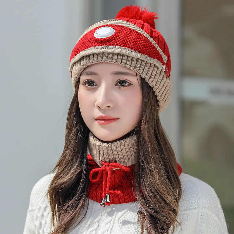 Soft Thicken Wool Ski Hat Women Warm Hats Neck Warm Winter Wool Hat Set Women Men Beanie Knitted Cap Scarf Mask Set