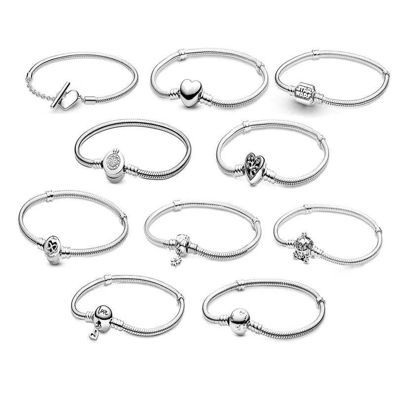 2023 New charm 925 Sterling Silver Bracelets Clasp T-bar Heart Moments Design Beads Snake Chain Bracelets Friendship Bangles