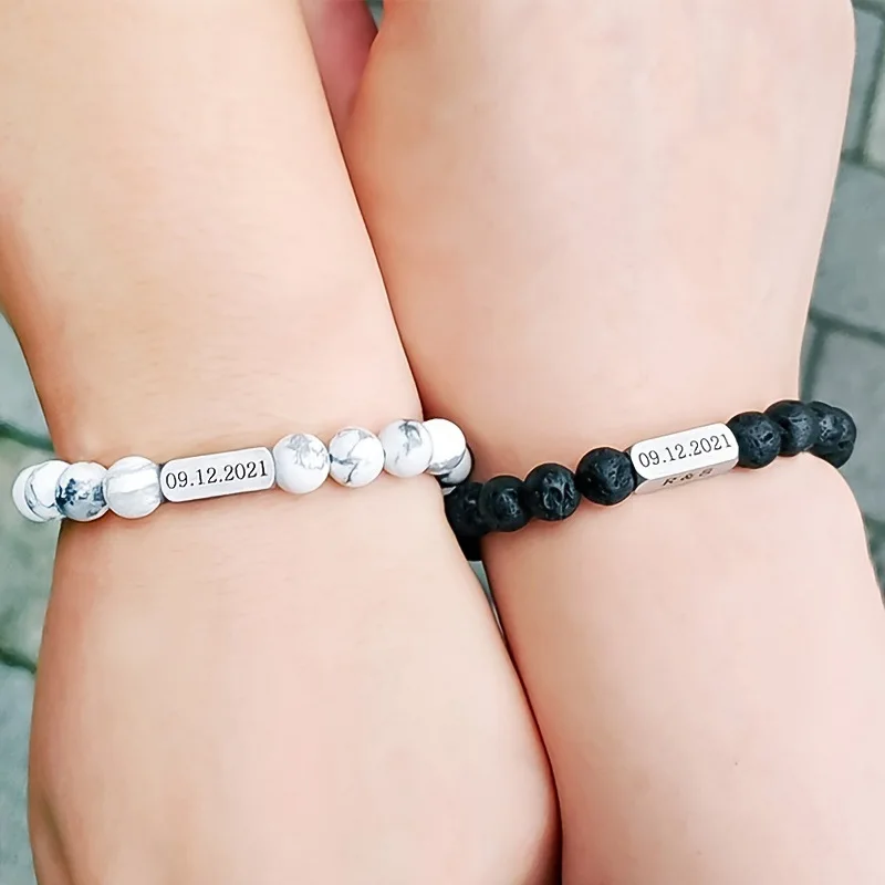 Stainless Steel Customized Logo Name Bracelet Natural Healing Energy Crystal Tiger Eye Lava Turquoise Stone Bead Bracelet