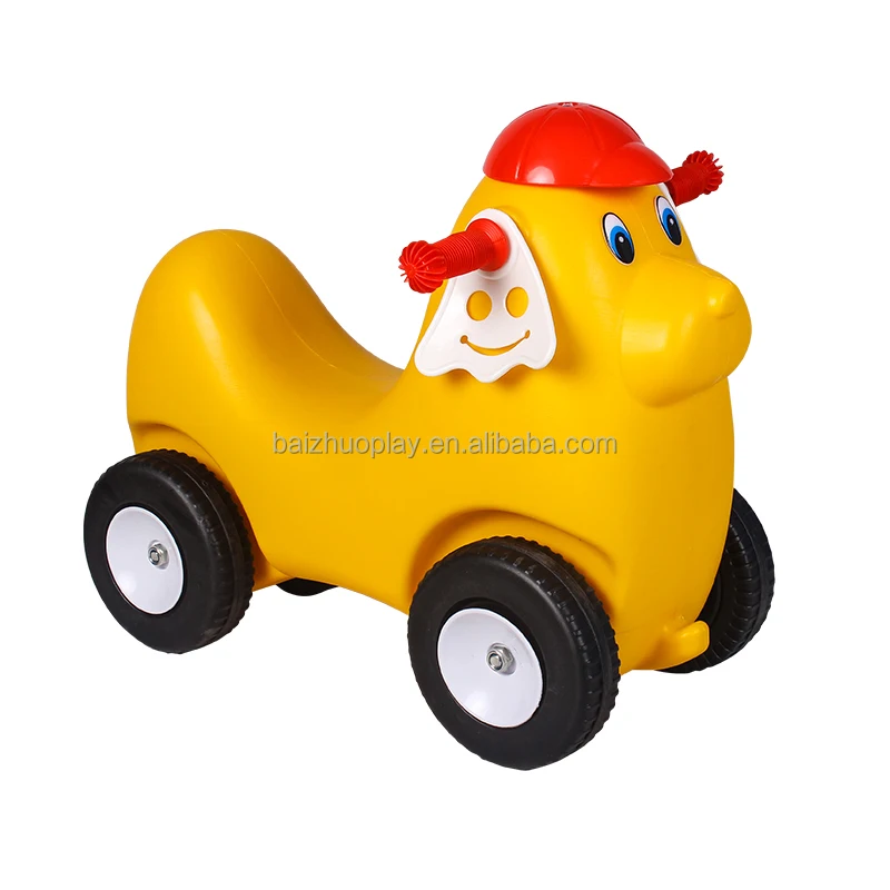 Mini yellow dog cart cheap plastic  walking car toy baby rocking horse  toy kids for home use Indoor playground