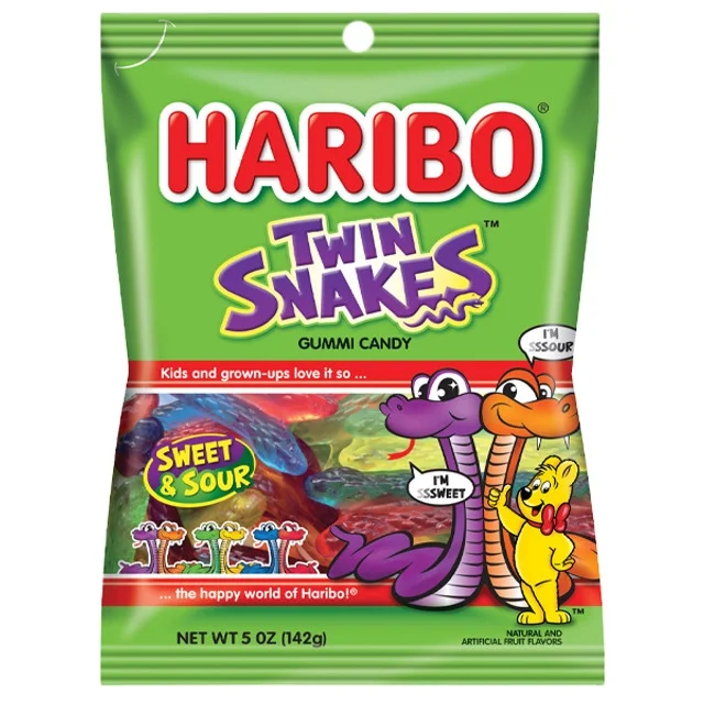 Haribo of America Twin Snakes Gummi Candy Assorted Sweet and Sour Candy Flavors 5 Ounce (Pack of 12) American Candy Supplier