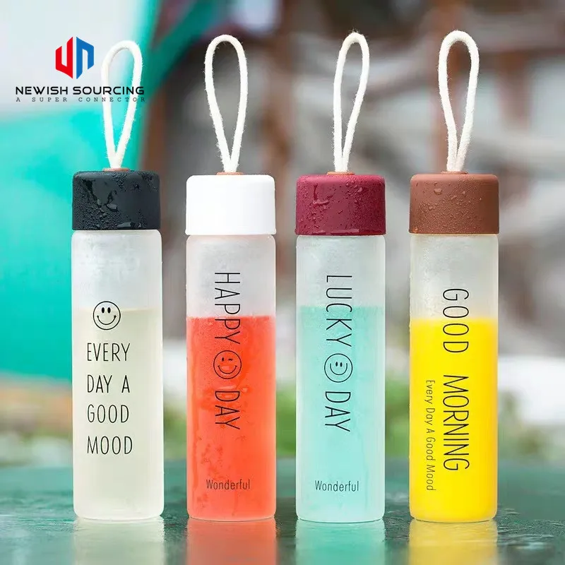 
350ml Custom Logo Smiley Glass Frosted Sealed Handy Cup Creative Outdoor Transparent Portable Water Bottle 