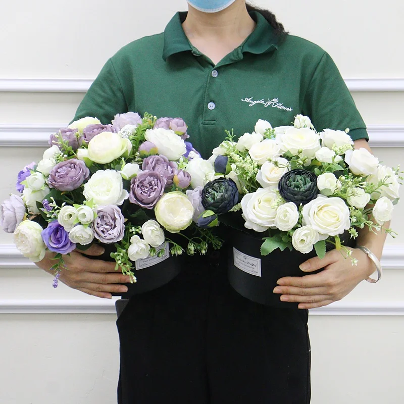 Round Hug Bucket Flower Box Festival Gift Artificial Sunflower Rose Orchid Bouquet Wedding Party Decor Table Centerpieces Floral