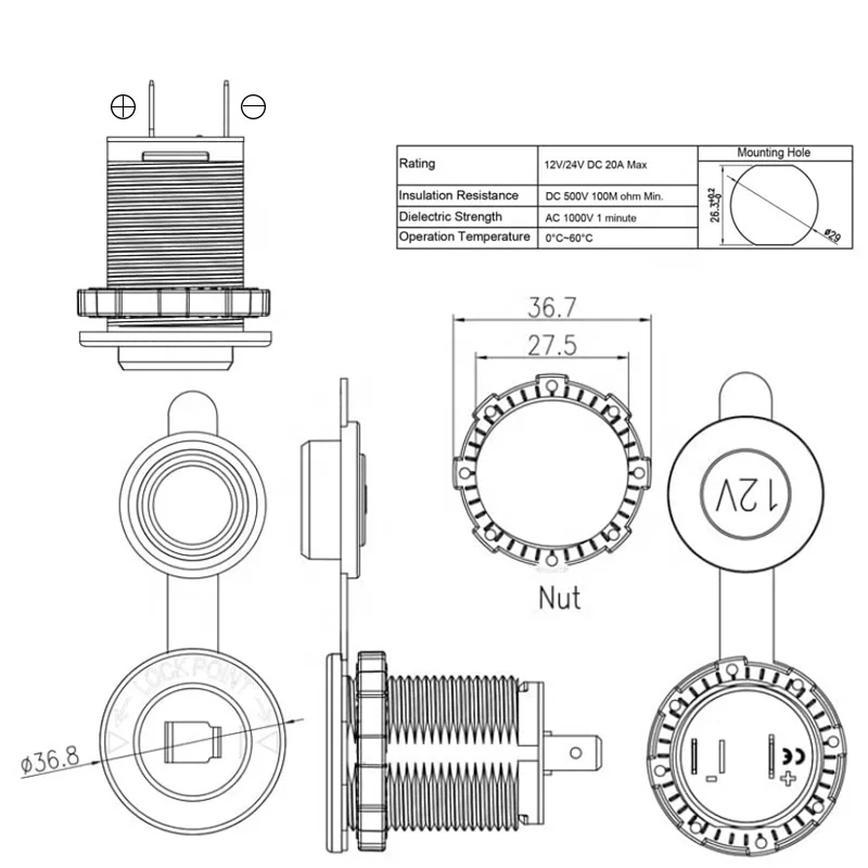12V Cigarette Lighter Socket Car Marine Motorcycle ATV RV Lighter Socket Power Outlet Socket Receptacle Waterproof Plug