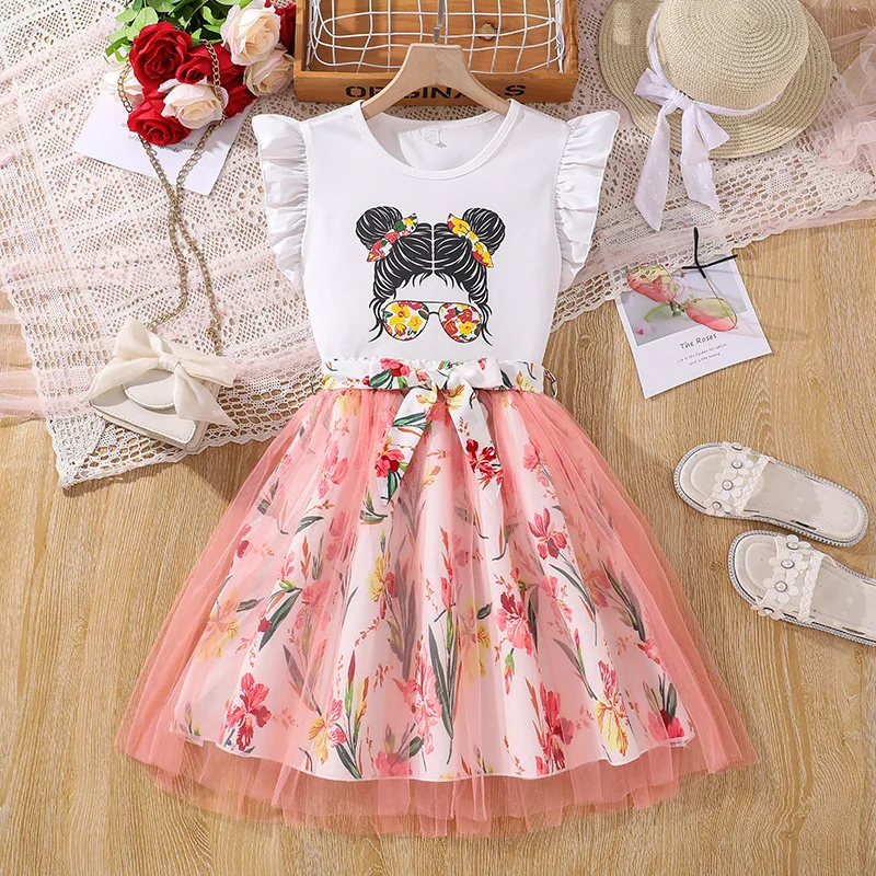 7-14Y New Fashion Summer Kids Outfits 2pcs T-shirt+Skirt Tulle Printed Casual Teenagers Girl Clothes Set