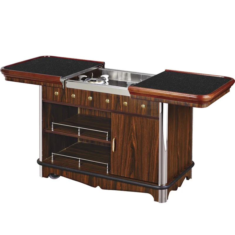 European Style Pull-close Luxury Mahogany Abalone Cart Mobile Flambe Cooking Trolley with Double Gas Stove and Wheels for Hotel