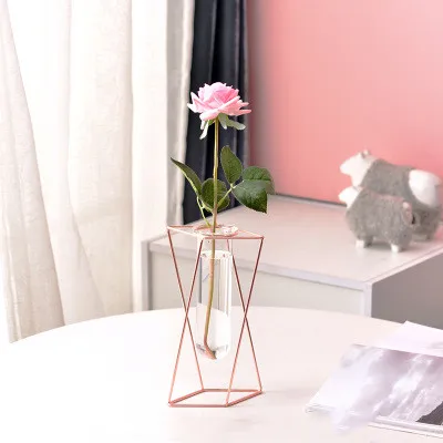 
Nordic ins geometric vase light luxury metal iron decoration living room flower arrangement creative home glass flower stand 