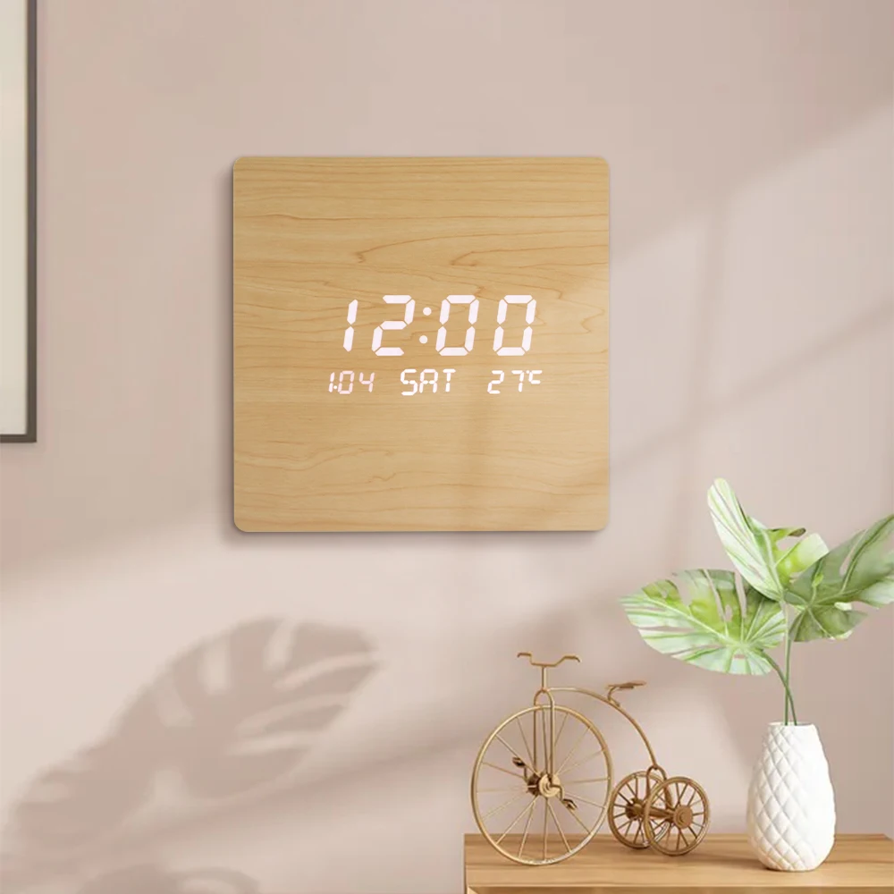 ET582 Nordic Square Wooden Wall Clock Modern LED Digital Wall Clock Day Date Wall Clock