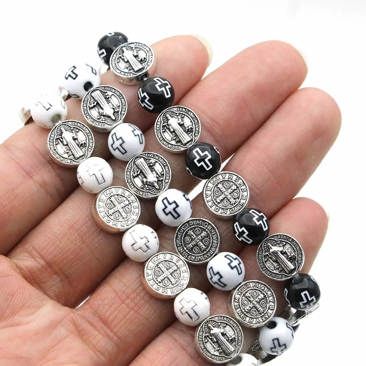 Wholesale Catholic Beaded Bracelet Cross Beads St. Benedict Medal Rosary Bracelets Antique Silver Plated  Religious Gifts
