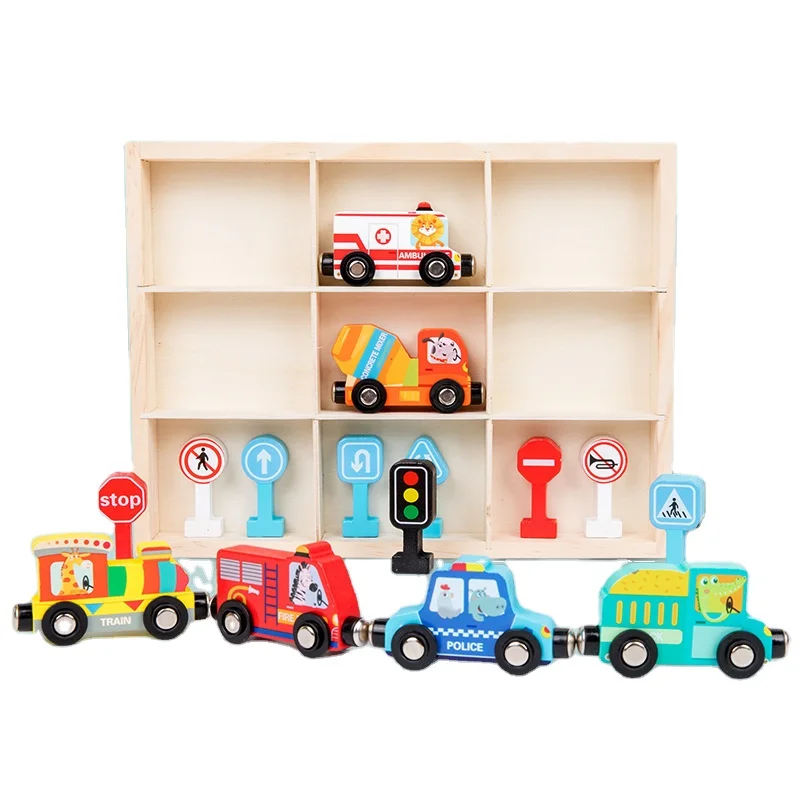 2023 kids toy  Magnetic train play set  Educational Wooden Traffic signal cognitive Learning game baby  Guidepost study toy