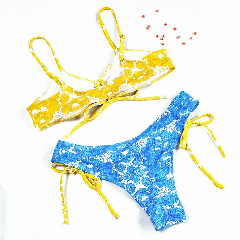 OEM 200pcs customized Newest Bikinis Micro Thong Bandage Swimwear Women Summer Bikini Set Floral Print  Beach Wear