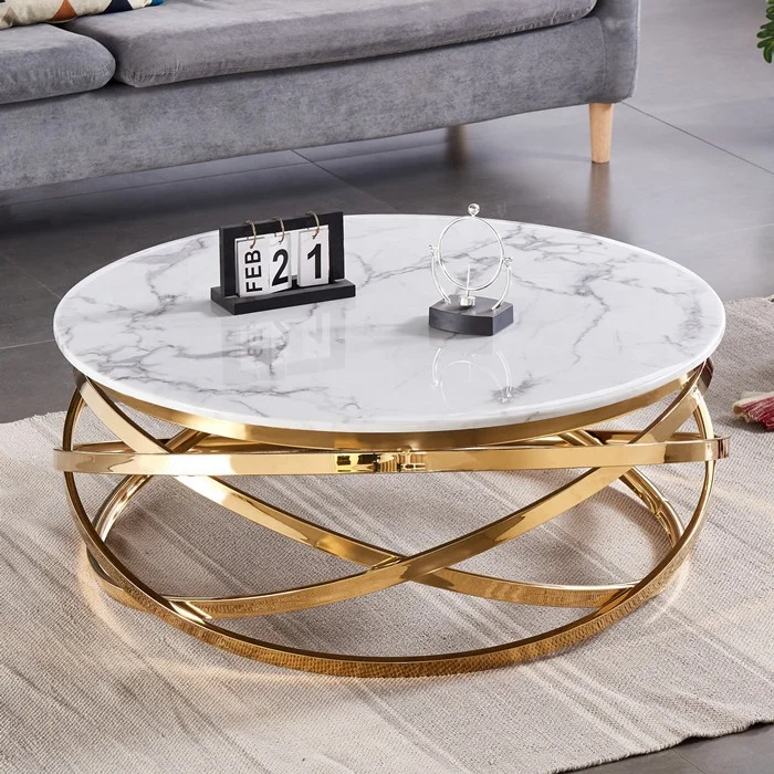 Metal gold stainless steel white marble coffee table sets nordic luxury high quality living room modern style round design