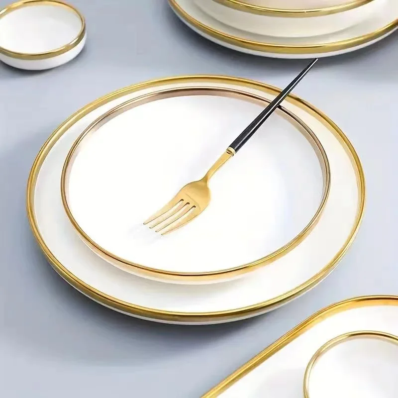 Luxury Tableware Porcelain Dinnerware White Dinner Plates Gold Rim Porcelain Plate Wedding Color Ceramic Dishes