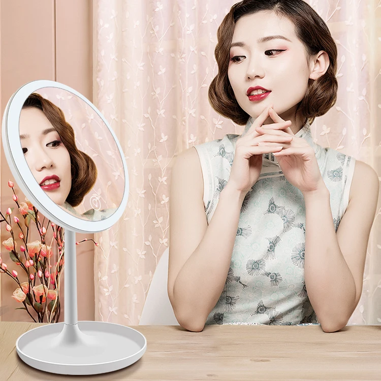 Portable round Desktop Makeup Vanity Mirror with LED Three-Color Lighting and Storage Tray Single Side Box Packing