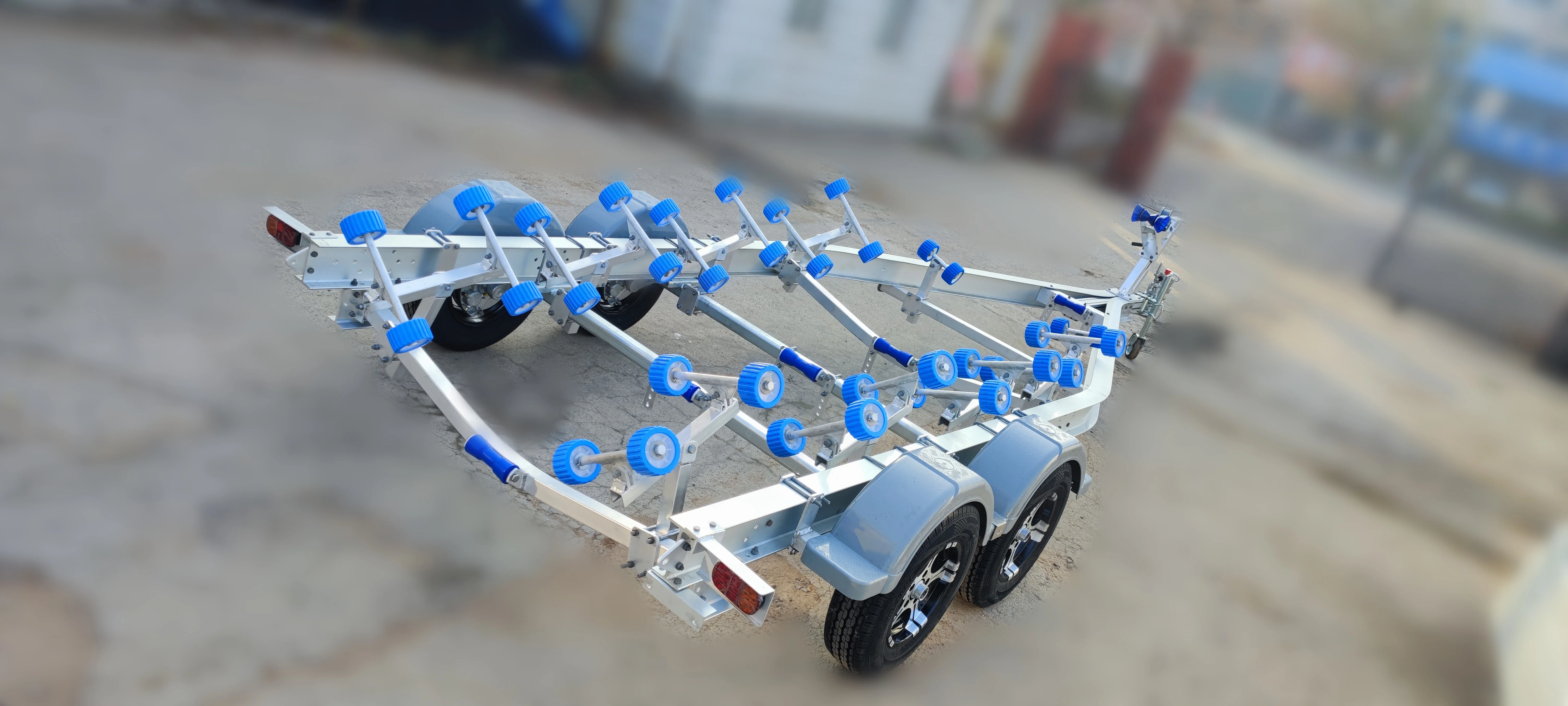Low price trailer aluminium 22ft tandem axle wobbly rollers