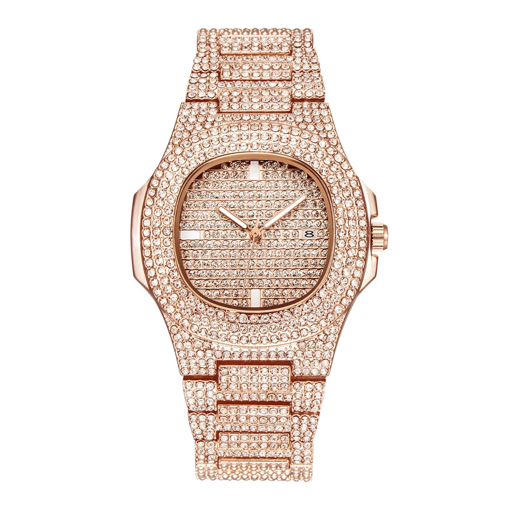 Custom Luxury Diamond Watch Full Stone Quartz Men Watches Gold Stainless Steel Fashion Diamond Bling Bling Iced Out Men Watches