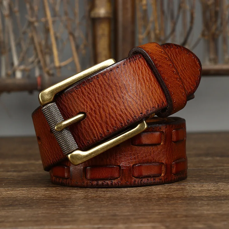 3.8CM wide wash vintage do old trend braided belt Male leather pure cowhide braided copper buckle belt