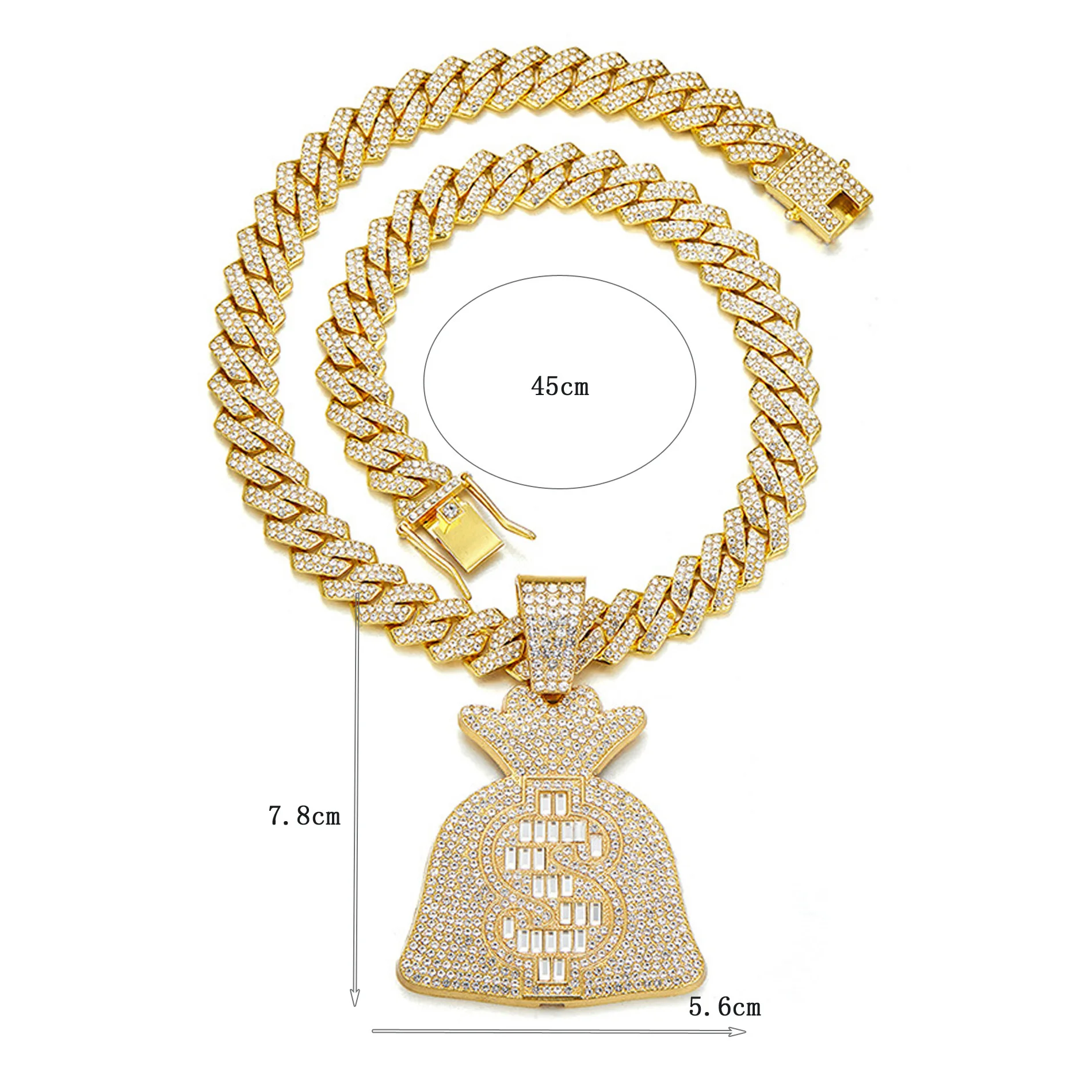 Personalised Ice Candy Diamond Dollar Coin Money Bag Pendant Diamond Cuban Necklace Hip Hop Rap Jewellery