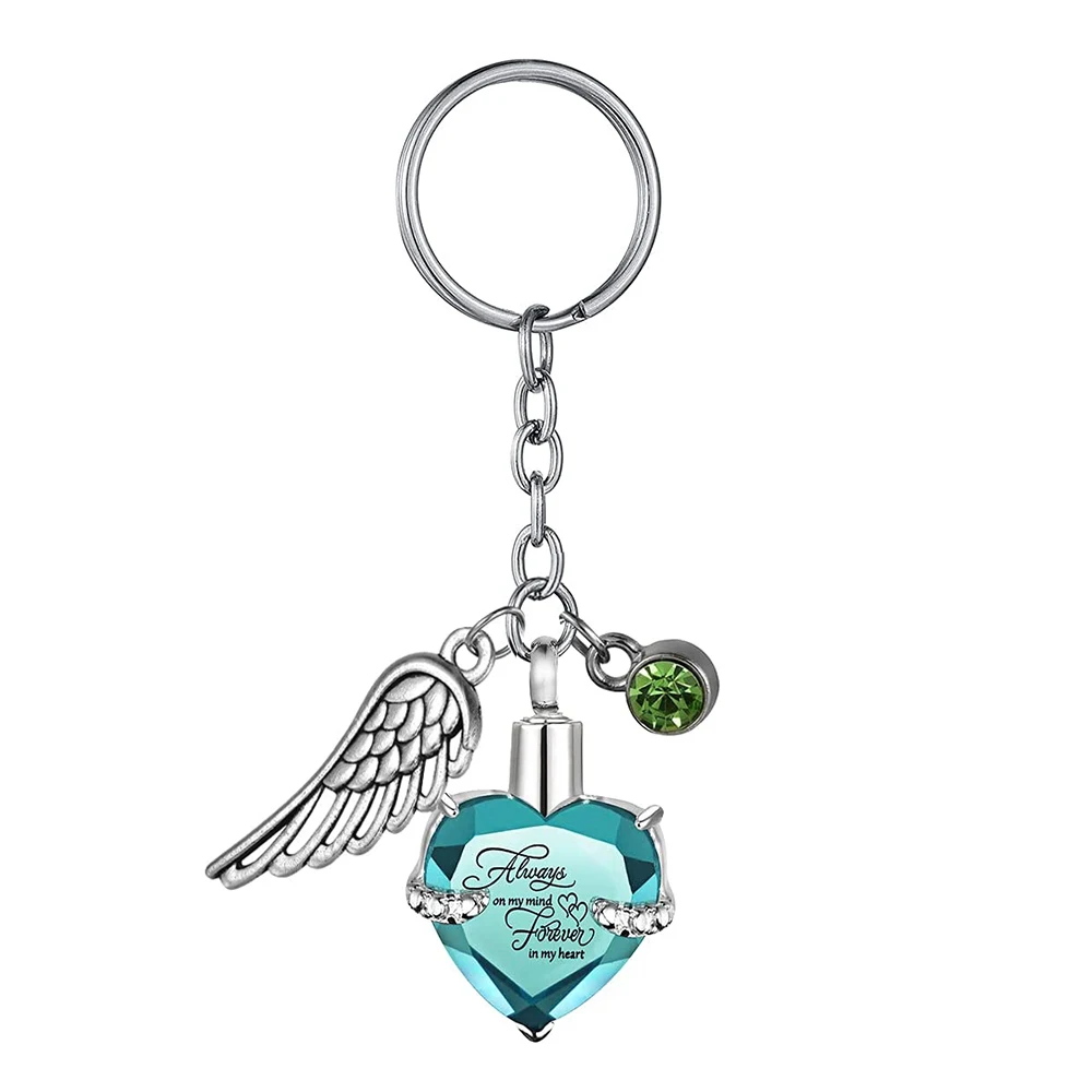 Heart with Birthstone and Angel Wing Pendant Memorial Key Chain Cremation Urn for Ashes Keepsake Key Ring Jewelry to Men Women
