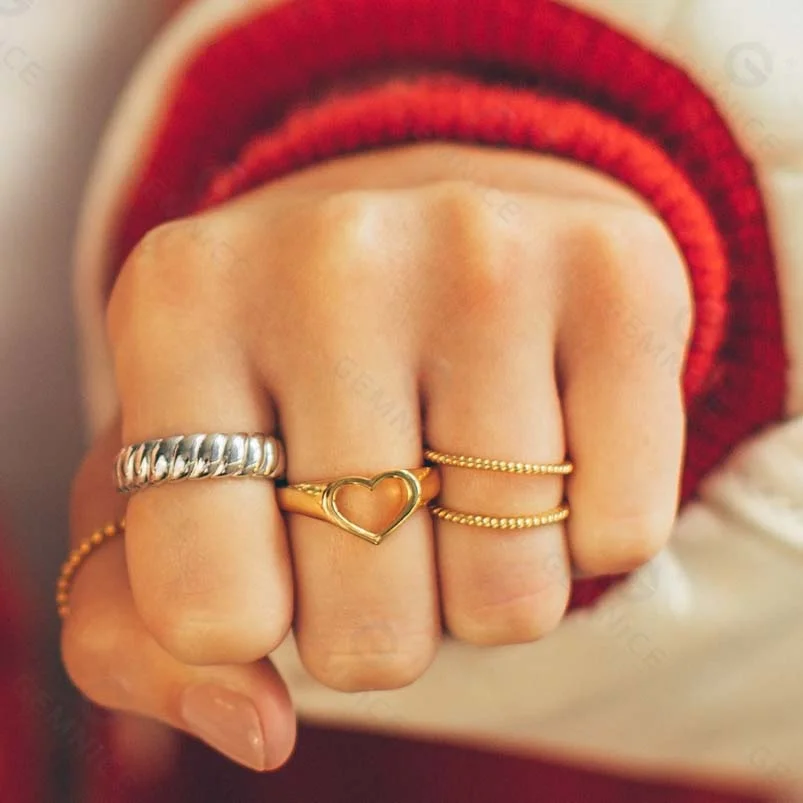 Gemnel classic 925 sterling silver open heart signet ring for men and women