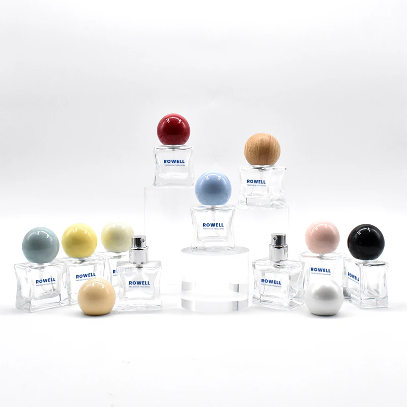 empty 15 ml new design perfume glass bottles package container spray cap perfume bottle with ball shaped colorful lid