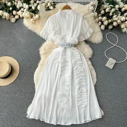 Wholesale Summer 8 Colors Woman Clothing Ladies Elegant Pleated Short Sleeve Midi Dress With Belt