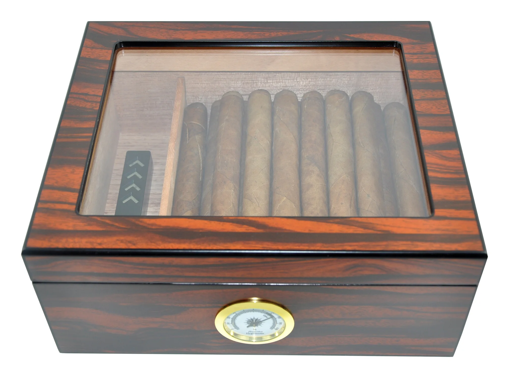 separate humidifier and hygrometer tempered glass top cedar lined wooden cigar humidor