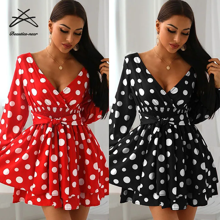 Women V-neck Empire Dress Polka Dot Black Red A Line Spring Long Sleeve Summer Mini Dress For Women