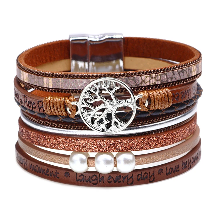 New Style Pu Leather Bracelet Women Fashion Life Tree Embossed Letter Natural Pearl Bracelet