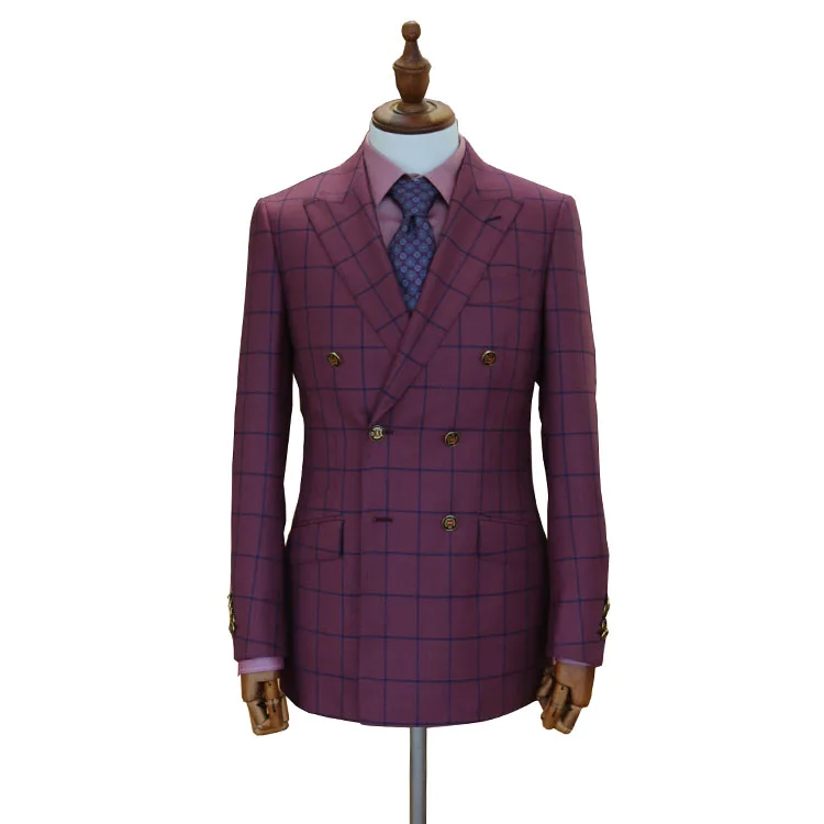 MTM deep pink purple blue check fashionable in trend check plaid double breasted party for wedding slim fit suit blazer men