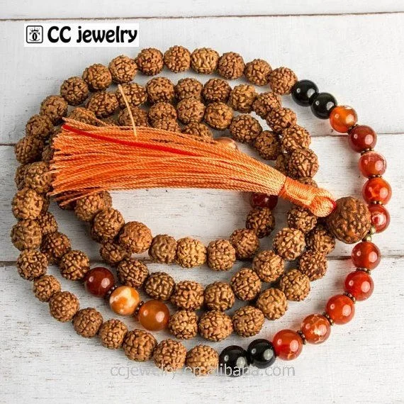 Natural Gemstones Black Onyx And Rudraksha 8mm Bead Mala With Tassel 108 Bead Yoga Necklace