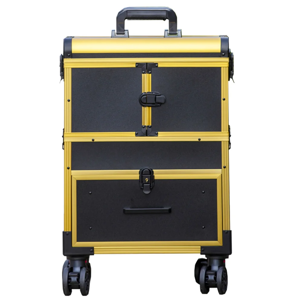 aluminum 4 wheel trolley mirror profession beauty TRAIN cosmetic storage case travel makeup organizer with mirror