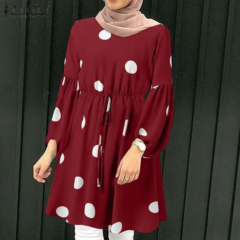 Top Crew Neck Shirt Loose Elastic Waistband Clothes Women Modest Blouses & Shirts Print Full Women Dress Casual Polyester DOT