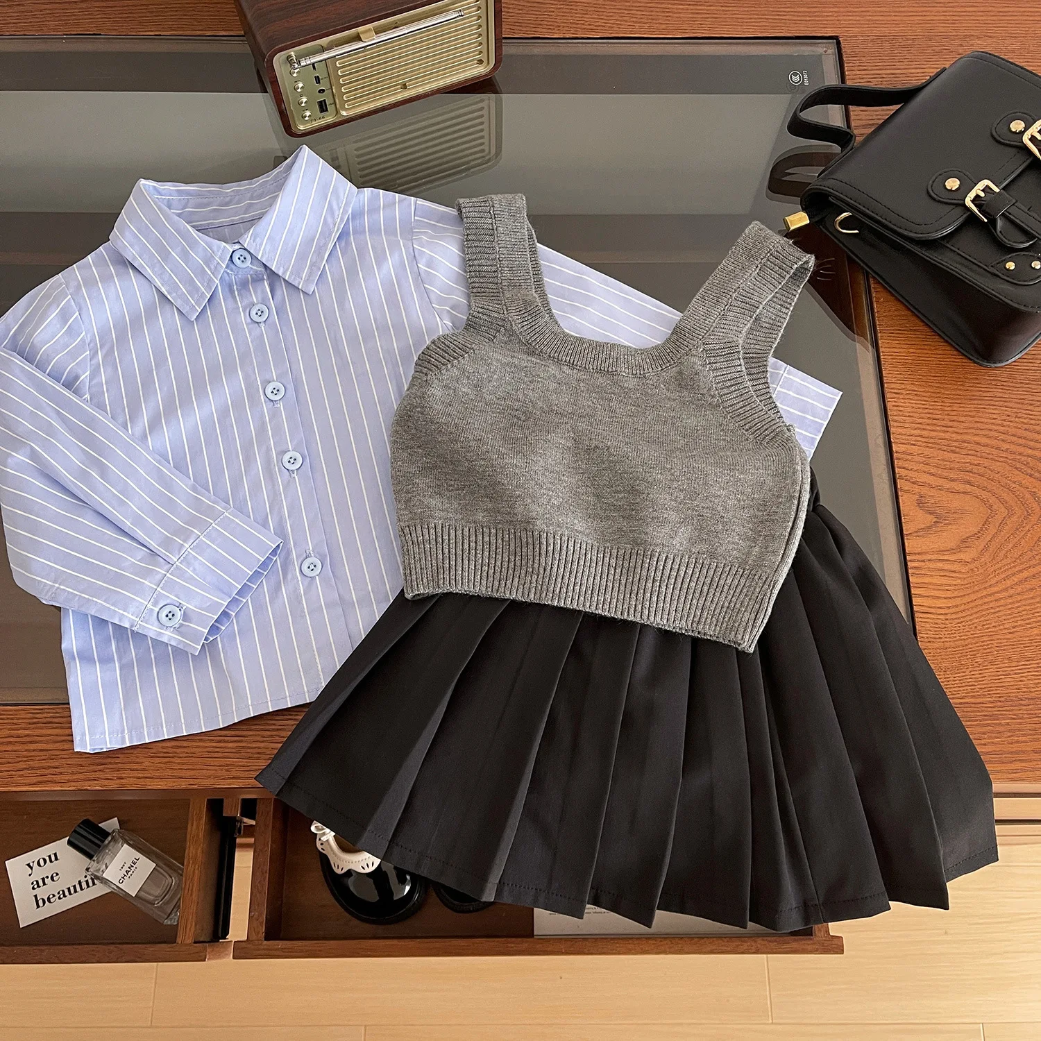 New Korean Girls Clothing Set Children knitted vest shirt skirt 3pcs outfit baby black ruffle dress