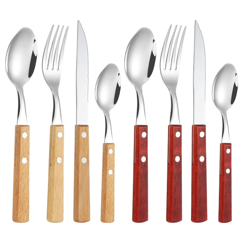 Luxury 4-Piece Set of Plated Stainless Steel Cutlery Wooden Handle Spoon Fork Chopsticks Home Camping Wedding Elegant Tableware