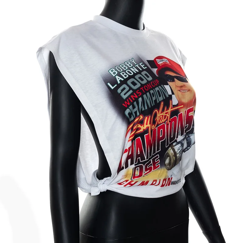 Wholesale Ladies Letter Print Crew Neck Tshirt Hollow Out Letter Print Loose Tops Fashion Sleeveless Crop Top For Women