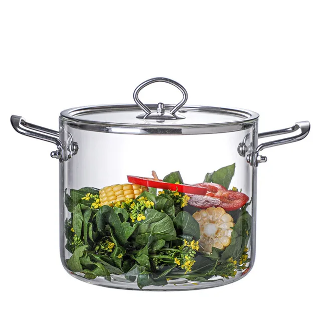 Wholesale clear high borosilicate heat resistant glass cooking pot with stainless steel handle