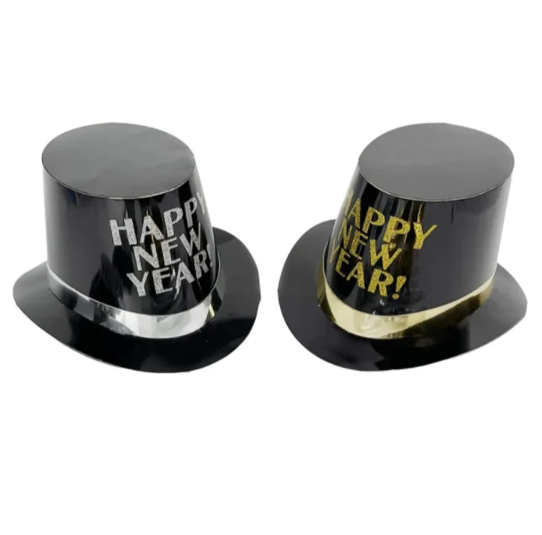 Gold Black Silver Happy New Year 2025 foil Paper caps Hats with tinsel fringe photo props for New Year eve Party decor supplies