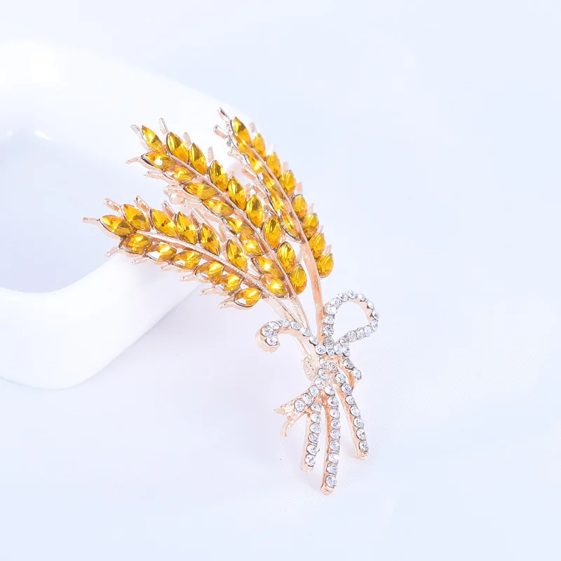 Go Party High-End Overcoat Scarf Button Brooch Jewelry Crystal Wheat Bow Brooches Pin Yellow Rhinestone Wheat Brooches Women