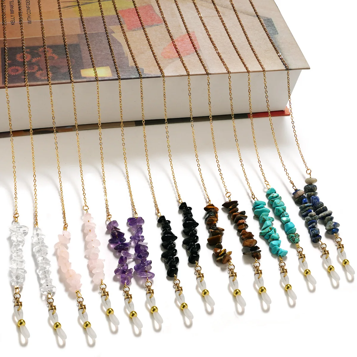 Natural Stone Sunglasses Accessories Amethyst Rose Quartz Stone Eye glass Beads Cord Sun tiger eye glasses chain