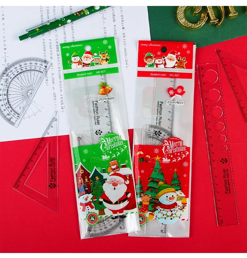 Cartoon Christmas Series Ruler Set Student Stationery Plastic Drawing Ruler Exam Four Piece Set For School