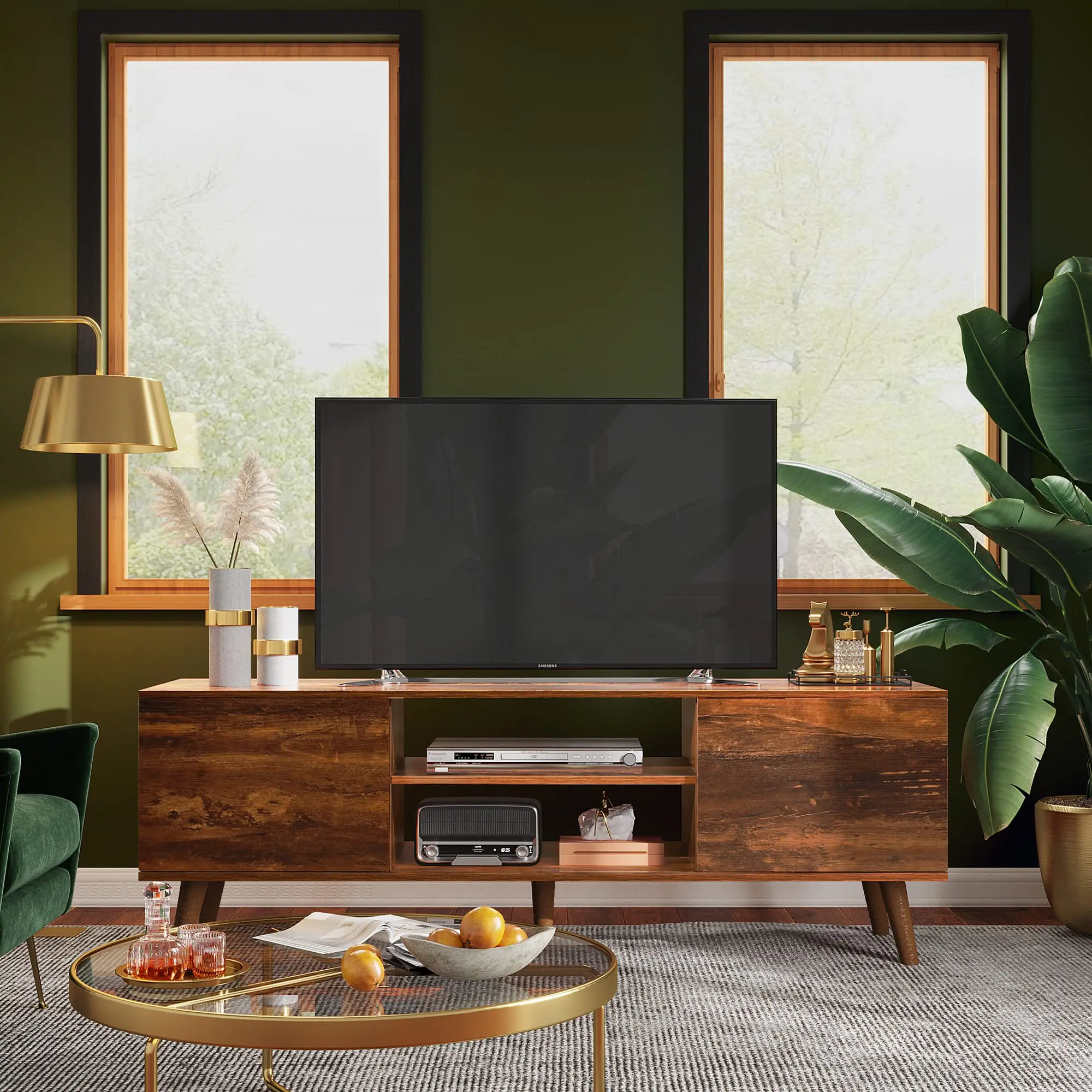 Walnut Modern 3-Drawer Fits TVs up to 80 in. Storage Media Console Entertainment Center TV Rack Cabinet for Living Room