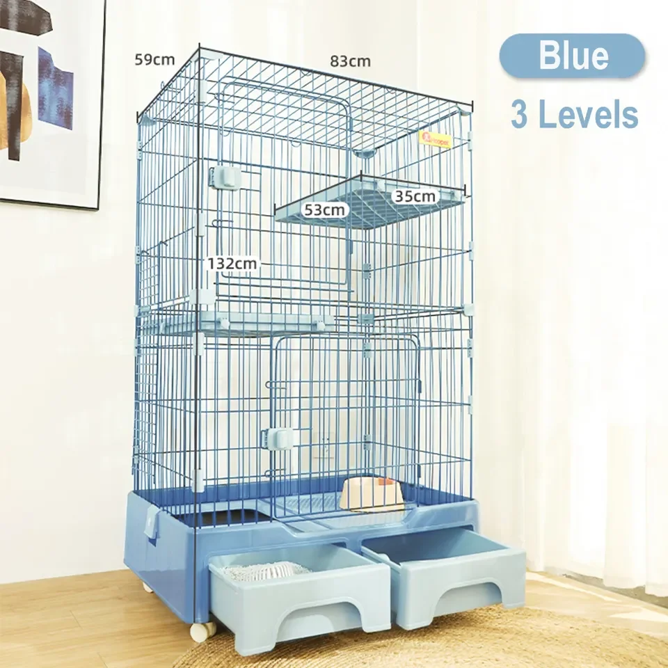Top Seller Indoor Large Moving Wheels 3 Level Cat House Playpen Cage With Litter Box And Storage